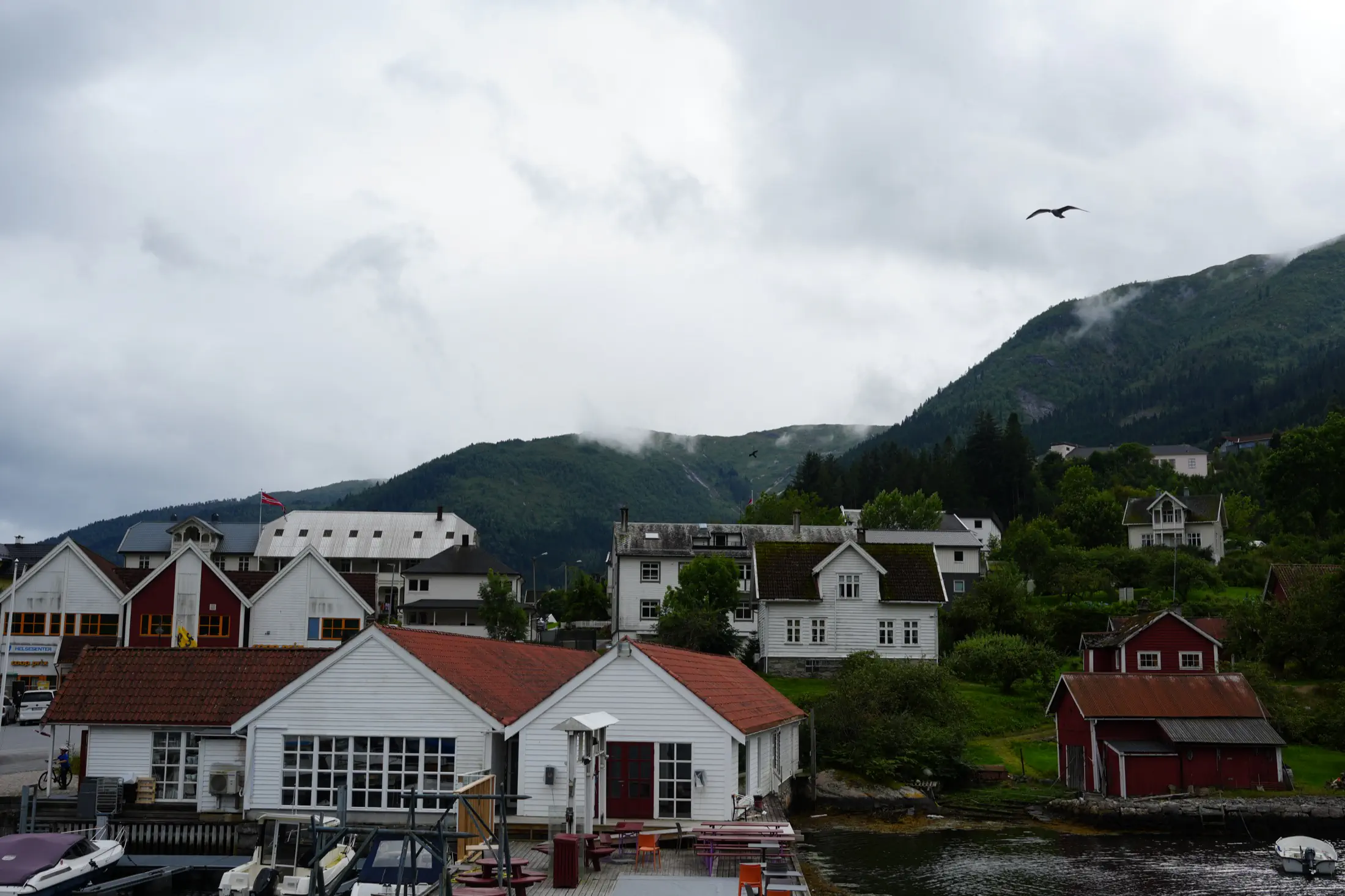 Waterfront village with white and red wooden houses, boats in the foreground, steep green hills, and a bird flying under a cloudy sky.