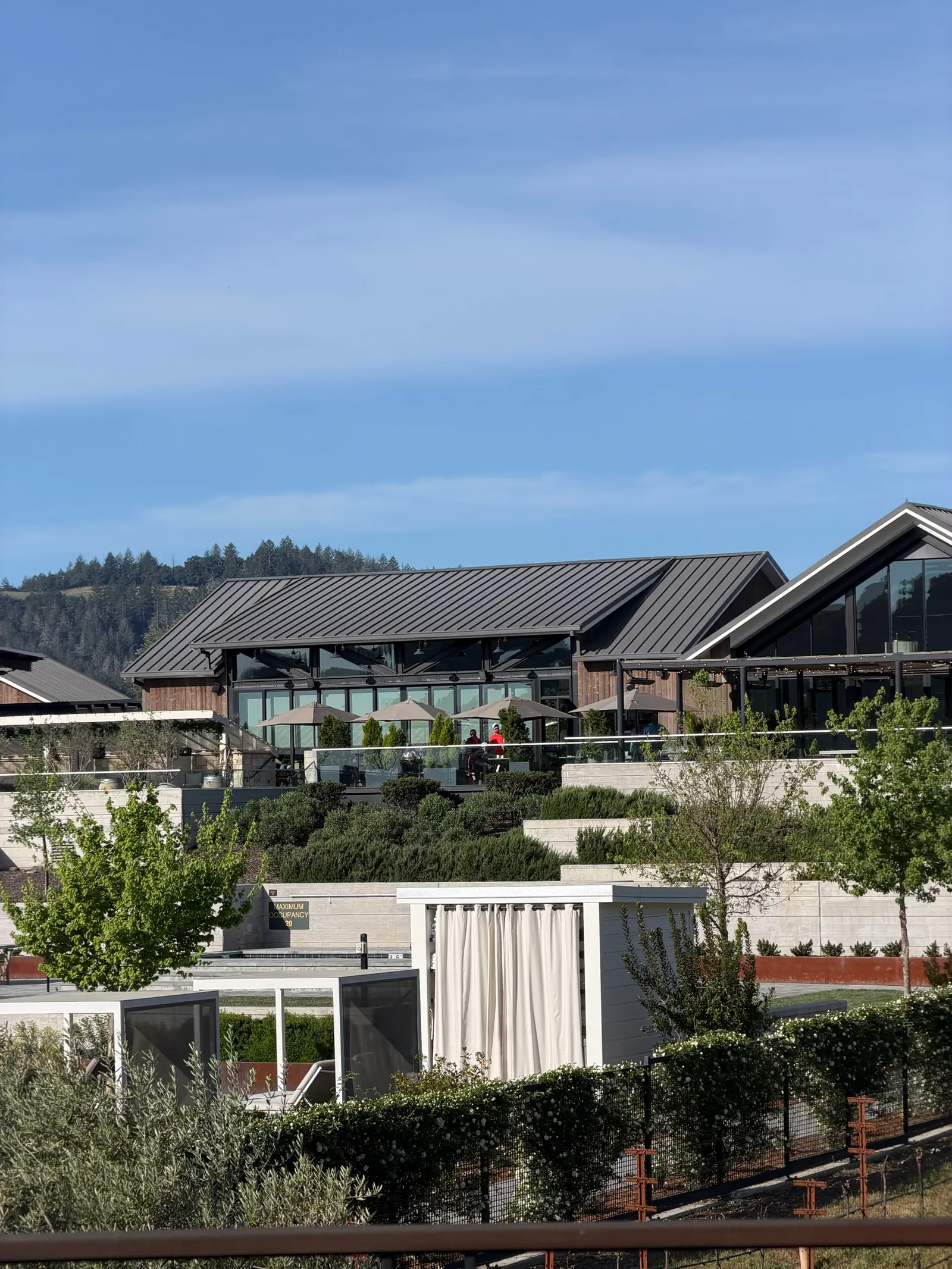 A modern winery-style estate with terraces and landscaped greenery under a blue sky.